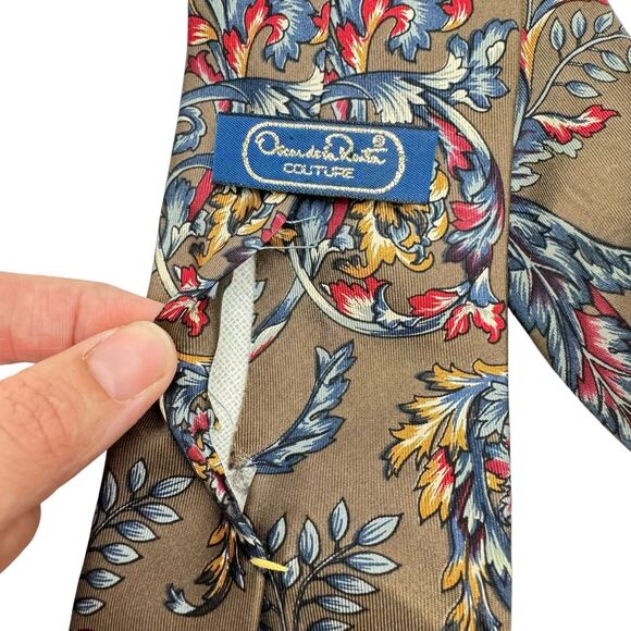 Oscar de la Renta Couture Taupe Brown Red Blue Floral Print Men's Neck Tie - Picture 4 of 8